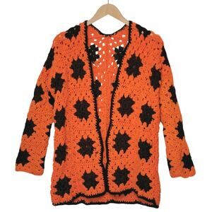 Crochet Flower Cardigan Retro Y2K Boho Sweater Orange Brown 70s Medium Large